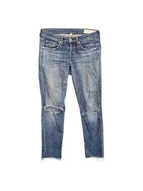 Rag & Bone Dre Ankle Jeans Womens Jav Blue Distressed Ripped Fringe Denim Sz 25